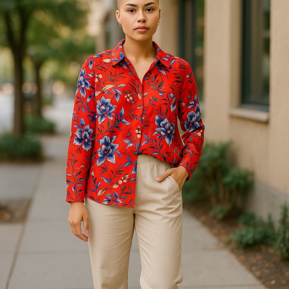 LOFT Red and Blue Floral Button Down Shirt
